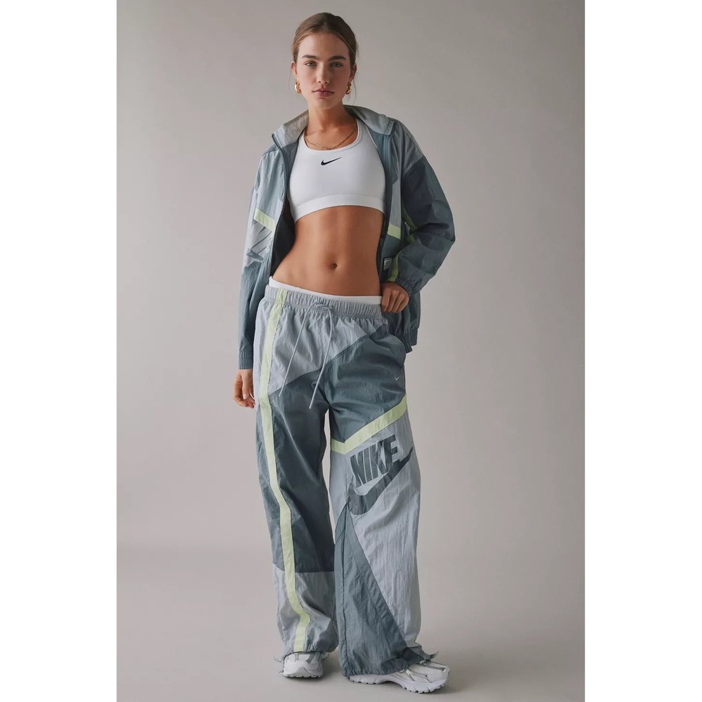 Nike Sportswear Swoosh Grey Lime Colorblock Nylon Track Pants Womens Medium